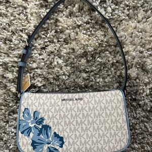 Michael Kors Blue and Cream Shoulder Bag with Floral Design